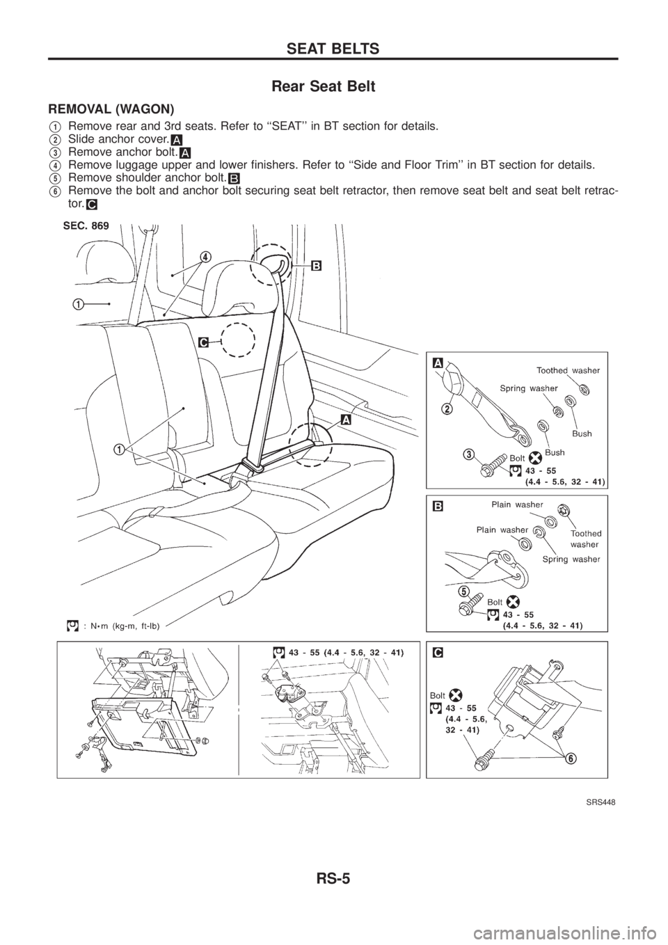 NISSAN PATROL 2006  Service Manual Rear Seat Belt
REMOVAL (WAGON)
V1Remove rear and 3rd seats. Refer to ``SEAT in BT section for details.
V2Slide anchor cover.
V3Remove anchor bolt.
V4Remove luggage upper and lower ®nishers. Refer t