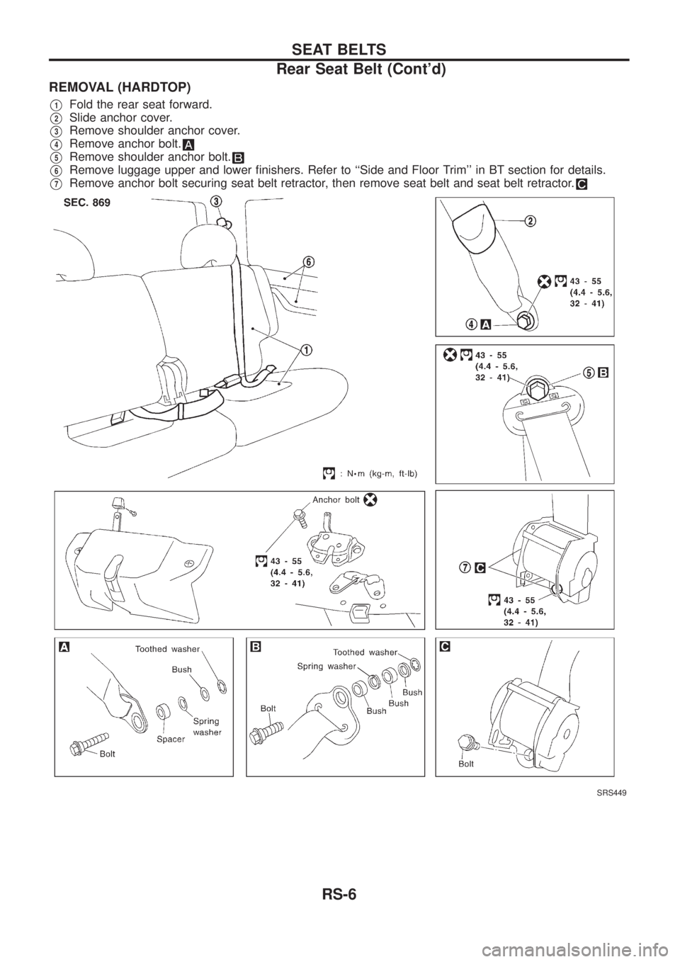 NISSAN PATROL 2006  Service Manual REMOVAL (HARDTOP)
V1Fold the rear seat forward.
V2Slide anchor cover.
V3Remove shoulder anchor cover.
V4Remove anchor bolt.
V5Remove shoulder anchor bolt.
V6Remove luggage upper and lower ®nishers. R