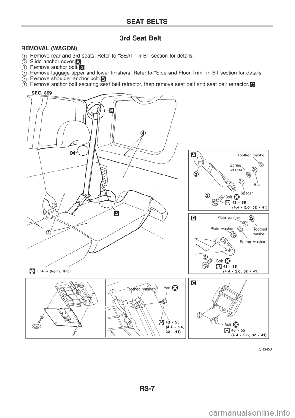 NISSAN PATROL 2006  Service Manual 3rd Seat Belt
REMOVAL (WAGON)
V1Remove rear and 3rd seats. Refer to ``SEAT in BT section for details.
V2Slide anchor cover.
V3Remove anchor bolt.
V4Remove luggage upper and lower ®nishers. Refer to