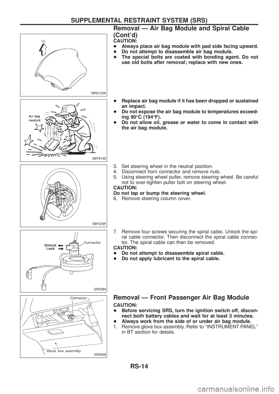 NISSAN PATROL 2006 Owners Guide CAUTION:
+Always place air bag module with pad side facing upward.
+Do not attempt to disassemble air bag module.
+The special bolts are coated with bonding agent. Do not
use old bolts after removal; 