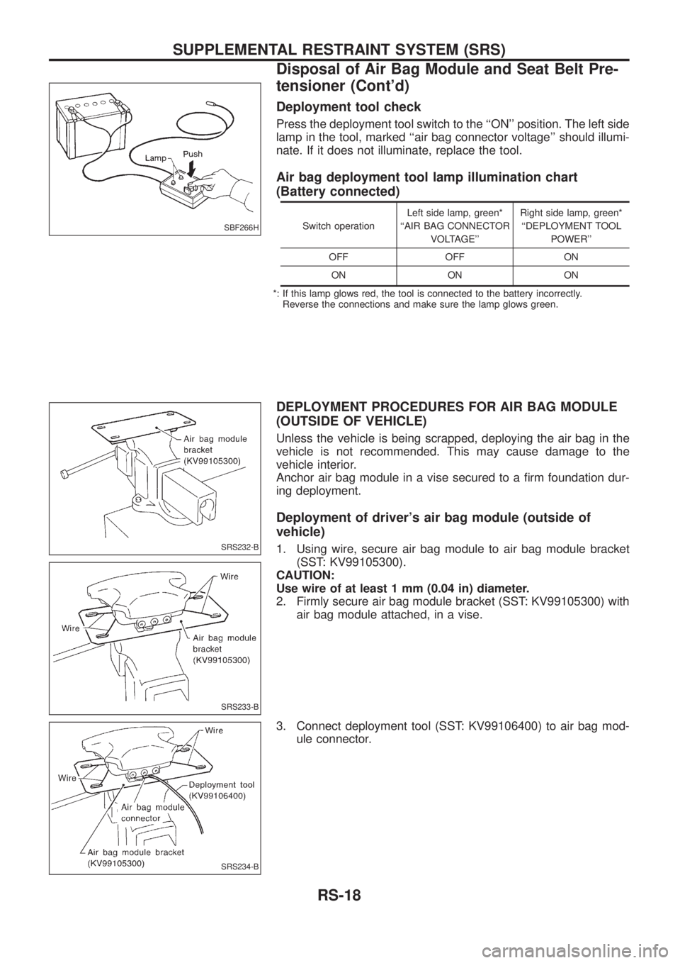 NISSAN PATROL 2006 Service Manual Deployment tool check
Press the deployment tool switch to the ``ON position. The left side
lamp in the tool, marked ``air bag connector voltage should illumi-
nate. If it does not illuminate, repl NISSAN PATROL 2006 Service Manual Deployment tool check
Press the deployment tool switch to the ``ON position. The left side
lamp in the tool, marked ``air bag connector voltage should illumi-
nate. If it does not illuminate, repl