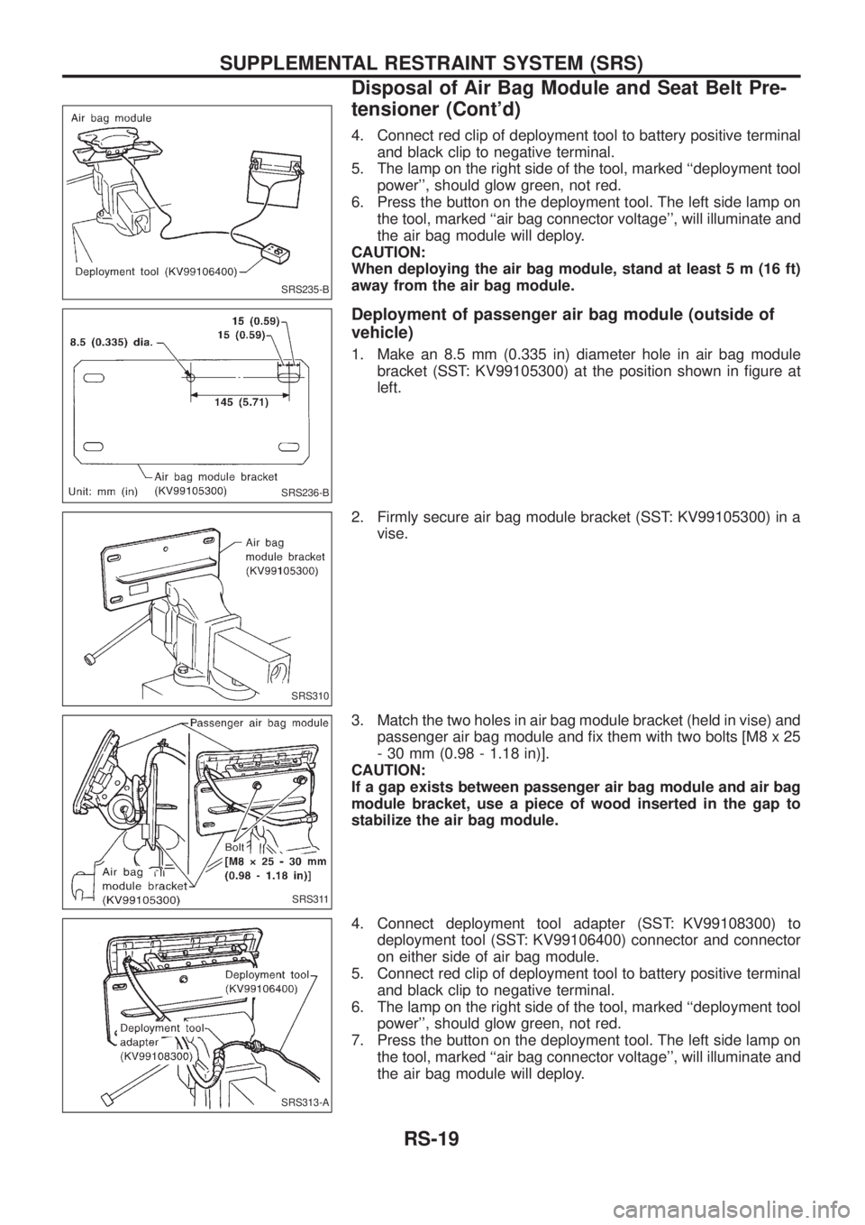 NISSAN PATROL 2006  Service Manual 4. Connect red clip of deployment tool to battery positive terminal
and black clip to negative terminal.
5. The lamp on the right side of the tool, marked ``deployment tool
power, should glow green,