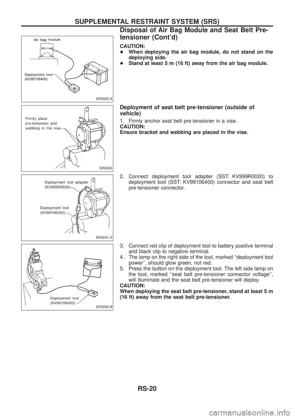 NISSAN PATROL 2006  Service Manual CAUTION:
+When deploying the air bag module, do not stand on the
deploying side.
+Stand at least 5 m (16 ft) away from the air bag module.
Deployment of seat belt pre-tensioner (outside of
vehicle)
1.