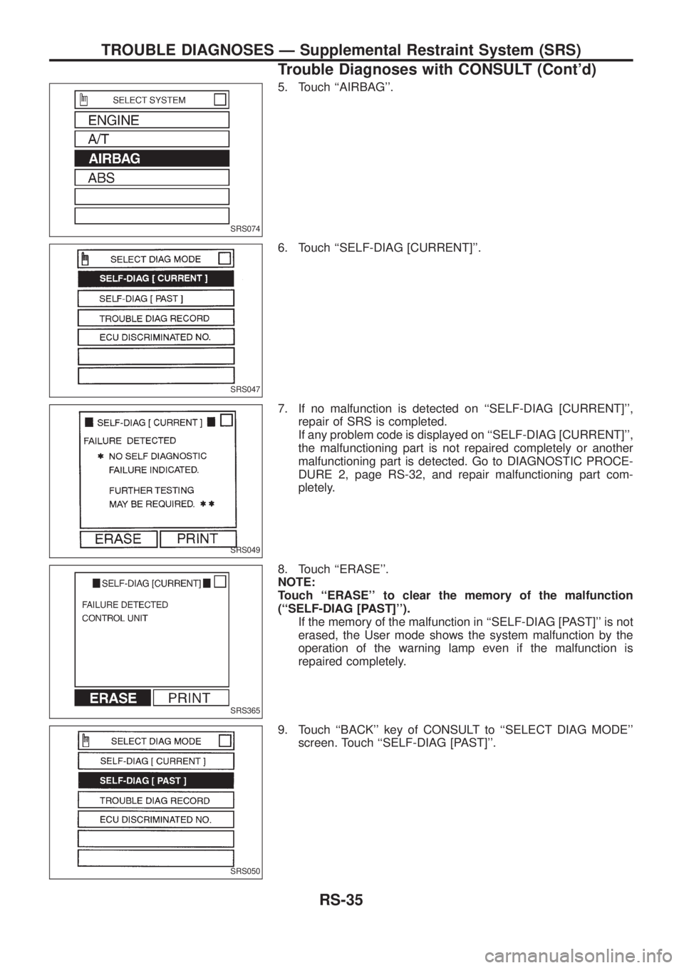 NISSAN PATROL 2006  Service Manual 5. Touch ``AIRBAG.
6. Touch ``SELF-DIAG [CURRENT].
7. If no malfunction is detected on ``SELF-DIAG [CURRENT],
repair of SRS is completed.
If any problem code is displayed on ``SELF-DIAG [CURRENT