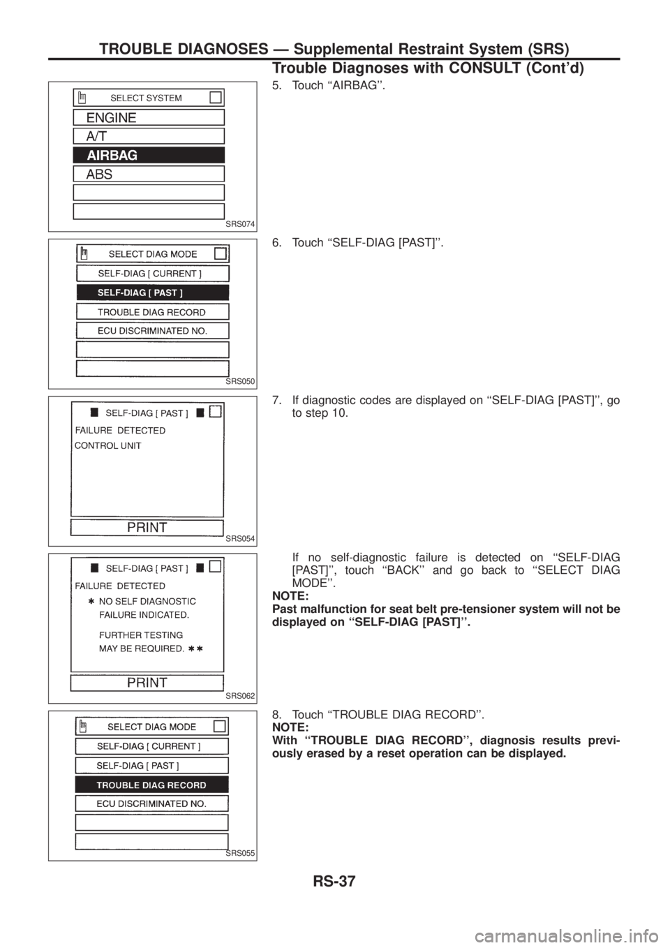 NISSAN PATROL 2006  Service Manual 5. Touch ``AIRBAG.
6. Touch ``SELF-DIAG [PAST].
7. If diagnostic codes are displayed on ``SELF-DIAG [PAST], go
to step 10.
If no self-diagnostic failure is detected on ``SELF-DIAG
[PAST], touc