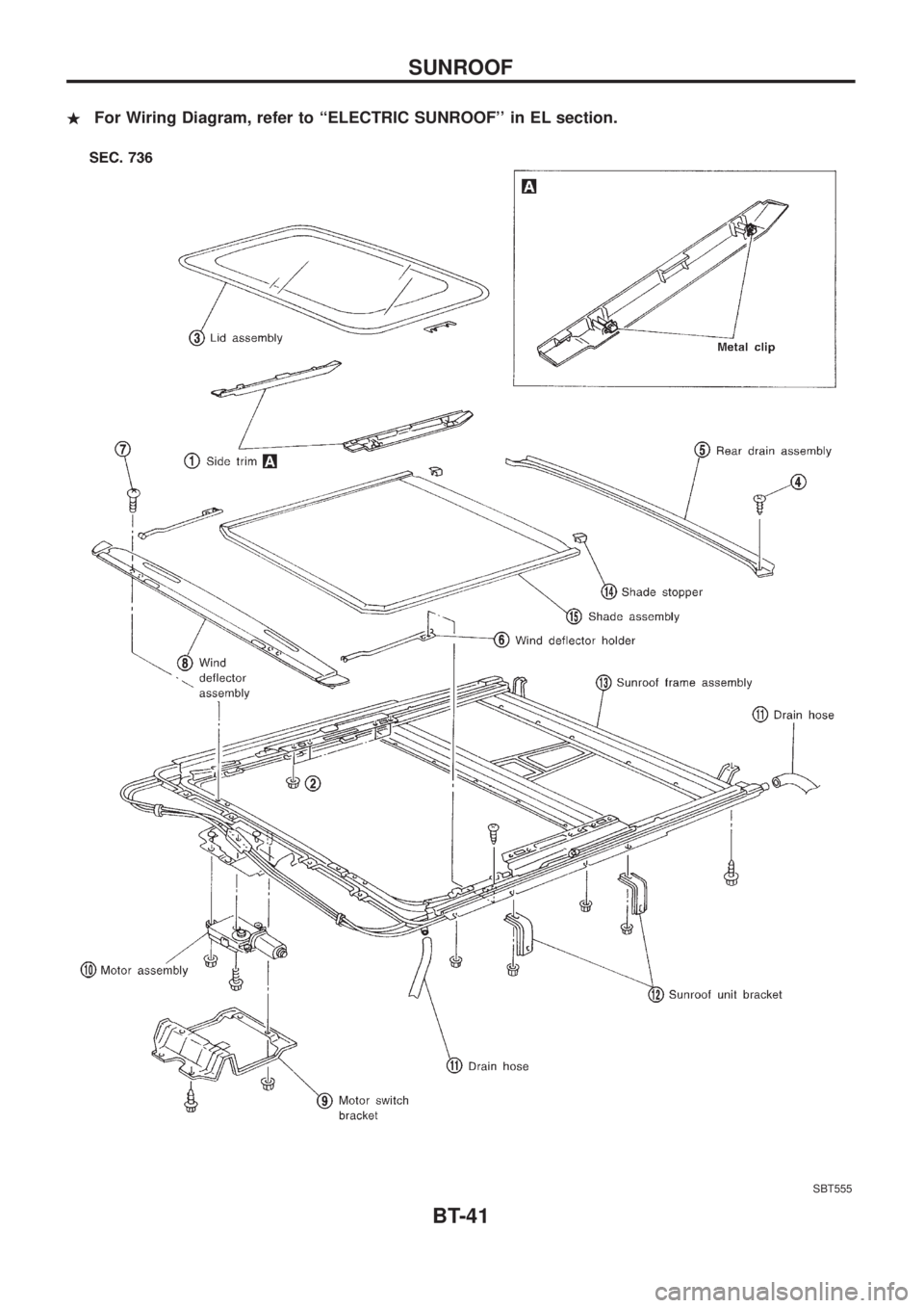 NISSAN PATROL 2006  Service Manual .For Wiring Diagram, refer to ``ELECTRIC SUNROOF in EL section.
SBT555
SUNROOF
BT-41 