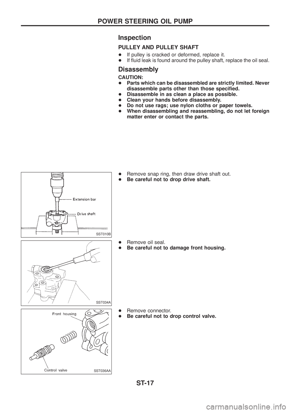 NISSAN PATROL 2006  Service Manual Inspection
PULLEY AND PULLEY SHAFT
+If pulley is cracked or deformed, replace it.
+If ¯uid leak is found around the pulley shaft, replace the oil seal.
Disassembly
CAUTION:
+Parts which can be disass