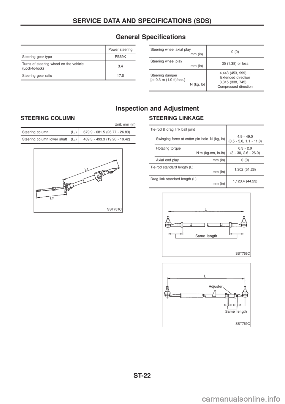 NISSAN PATROL 2006 Service Manual General Speci®cations
Power steering
Steering gear type PB69K
Turns of steering wheel on the vehicle
(Lock-to-lock)3.4
Steering gear ratio 17.0Steering wheel axial play
mm (in)0 (0)
Steering wheel pl NISSAN PATROL 2006 Service Manual General Speci®cations
Power steering
Steering gear type PB69K
Turns of steering wheel on the vehicle
(Lock-to-lock)3.4
Steering gear ratio 17.0Steering wheel axial play
mm (in)0 (0)
Steering wheel pl