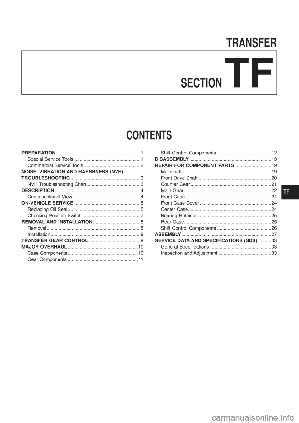 NISSAN PATROL 2006 Service Manual TRANSFER
SECTION
TF
CONTENTS
PREPARATION................................................................1
Special Service Tools ..................................................1
Commercial Service T NISSAN PATROL 2006 Service Manual TRANSFER
SECTION
TF
CONTENTS
PREPARATION................................................................1
Special Service Tools ..................................................1
Commercial Service T