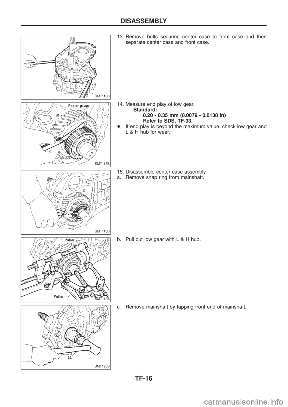 NISSAN PATROL 2006  Service Manual 13. Remove bolts securing center case to front case and then
separate center case and front case.
14. Measure end play of low gear.
Standard:
0.20 - 0.35 mm (0.0079 - 0.0138 in)
Refer to SDS, TF-33.
+