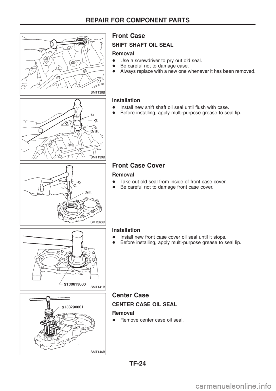 NISSAN PATROL 2006  Service Manual Front Case
SHIFT SHAFT OIL SEAL
Removal
+Use a screwdriver to pry out old seal.
+Be careful not to damage case.
+Always replace with a new one whenever it has been removed.
Installation
+Install new s