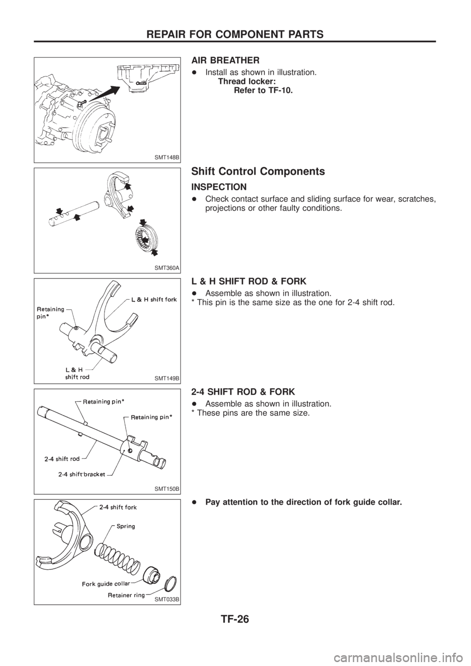 NISSAN PATROL 2006  Service Manual AIR BREATHER
+Install as shown in illustration.
Thread locker:
Refer to TF-10.
Shift Control Components
INSPECTION
+Check contact surface and sliding surface for wear, scratches,
projections or other 