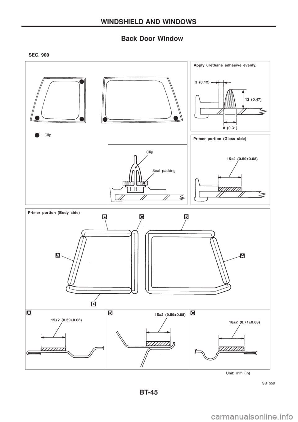 NISSAN PATROL 2006  Service Manual Back Door Window
SBT558
WINDSHIELD AND WINDOWS
BT-45 