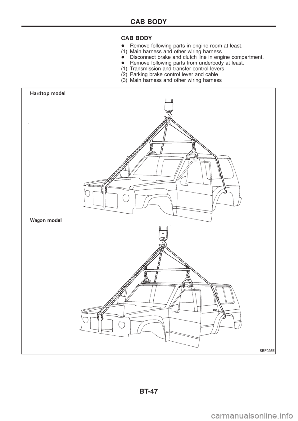 NISSAN PATROL 2006  Service Manual CAB BODY
+Remove following parts in engine room at least.
(1) Main harness and other wiring harness
+Disconnect brake and clutch line in engine compartment.
+Remove following parts from underbody at l