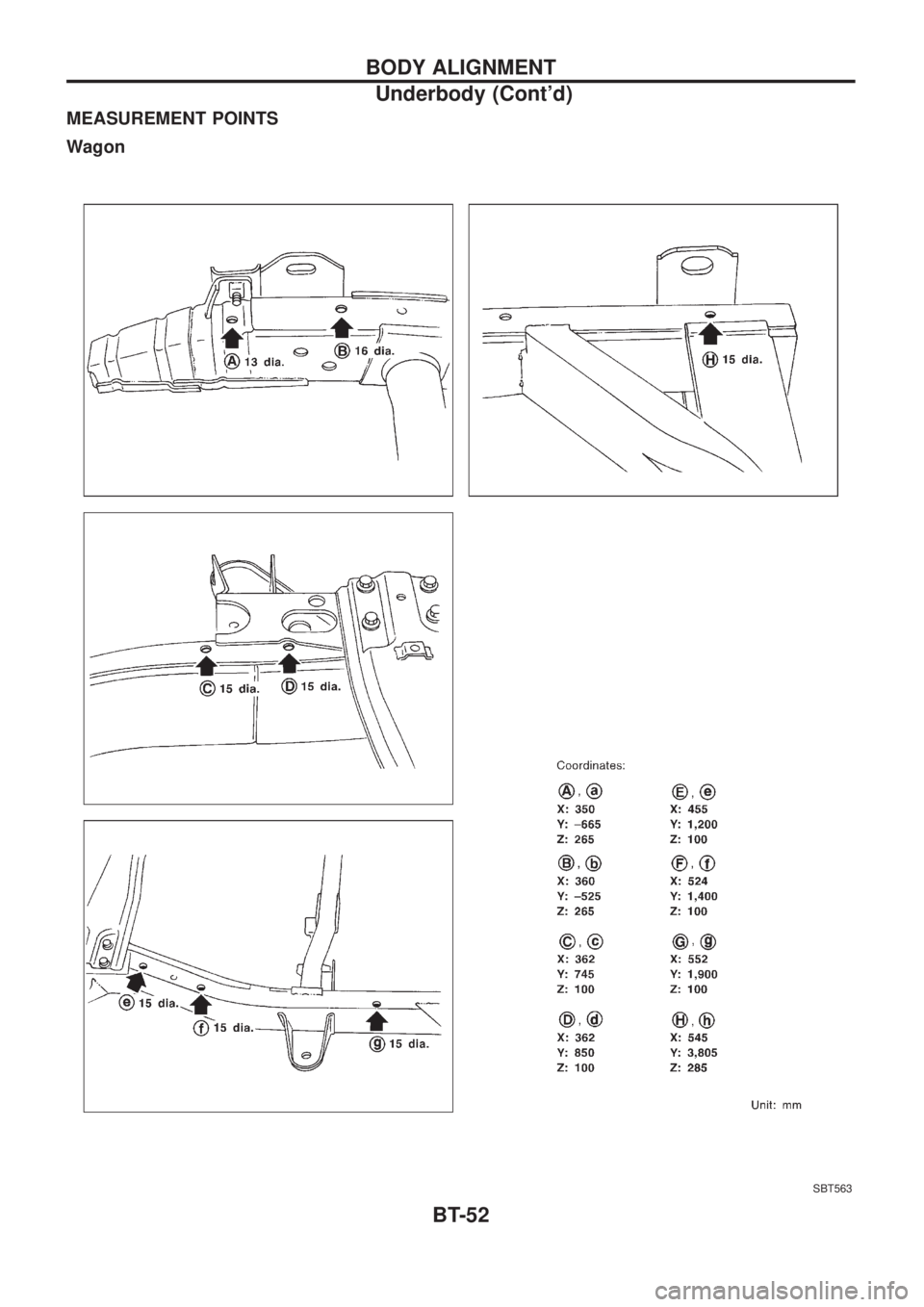 NISSAN PATROL 2006  Service Manual MEASUREMENT POINTS
Wagon
SBT563
BODY ALIGNMENT
Underbody (Contd)
BT-52 