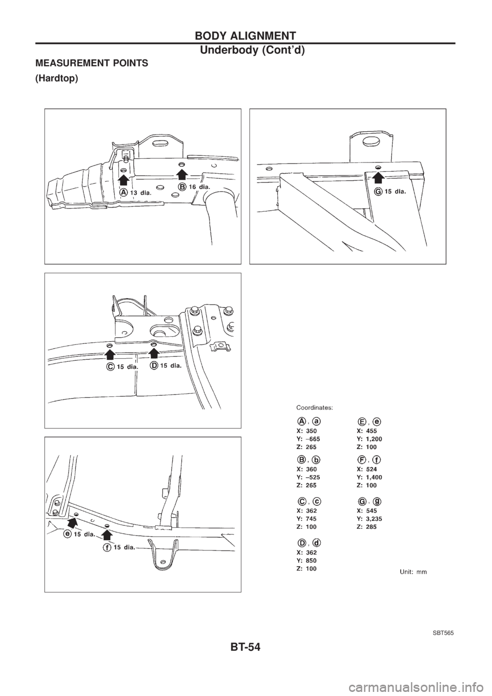 NISSAN PATROL 2006  Service Manual MEASUREMENT POINTS
(Hardtop)
SBT565
BODY ALIGNMENT
Underbody (Contd)
BT-54 