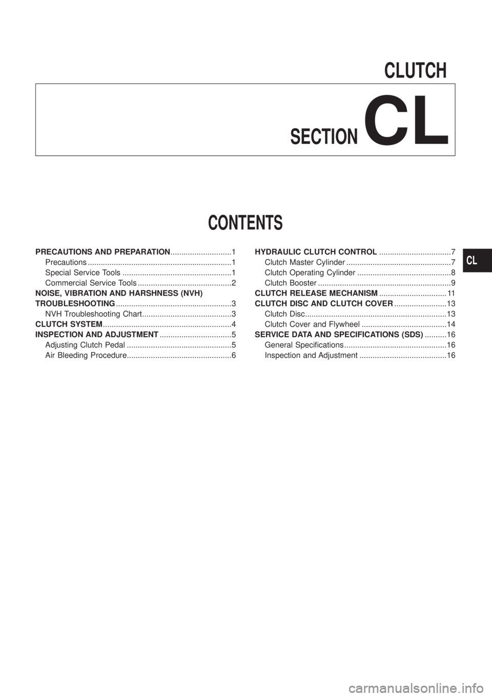 NISSAN PATROL 2006  Service Manual CLUTCH
SECTION
CL
CONTENTS
PRECAUTIONS AND PREPARATION............................1
Precautions ..................................................................1
Special Service Tools ..............