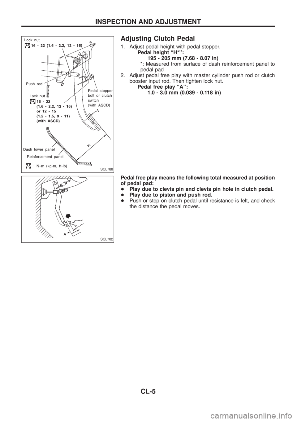 NISSAN PATROL 2006  Service Manual Adjusting Clutch Pedal
1. Adjust pedal height with pedal stopper.
Pedal height ``H*:
195 - 205 mm (7.68 - 8.07 in)
*: Measured from surface of dash reinforcement panel to
pedal pad
2. Adjust pedal f