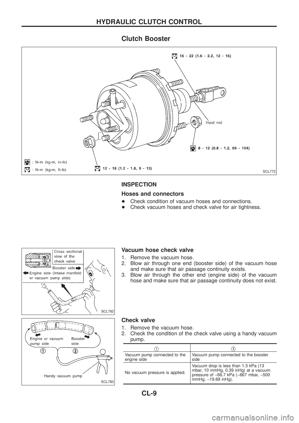 NISSAN PATROL 2006 Service Manual Clutch Booster
INSPECTION
Hoses and connectors
+Check condition of vacuum hoses and connections.
+Check vacuum hoses and check valve for air tightness.
Vacuum hose check valve
1. Remove the vacuum hos NISSAN PATROL 2006 Service Manual Clutch Booster
INSPECTION
Hoses and connectors
+Check condition of vacuum hoses and connections.
+Check vacuum hoses and check valve for air tightness.
Vacuum hose check valve
1. Remove the vacuum hos