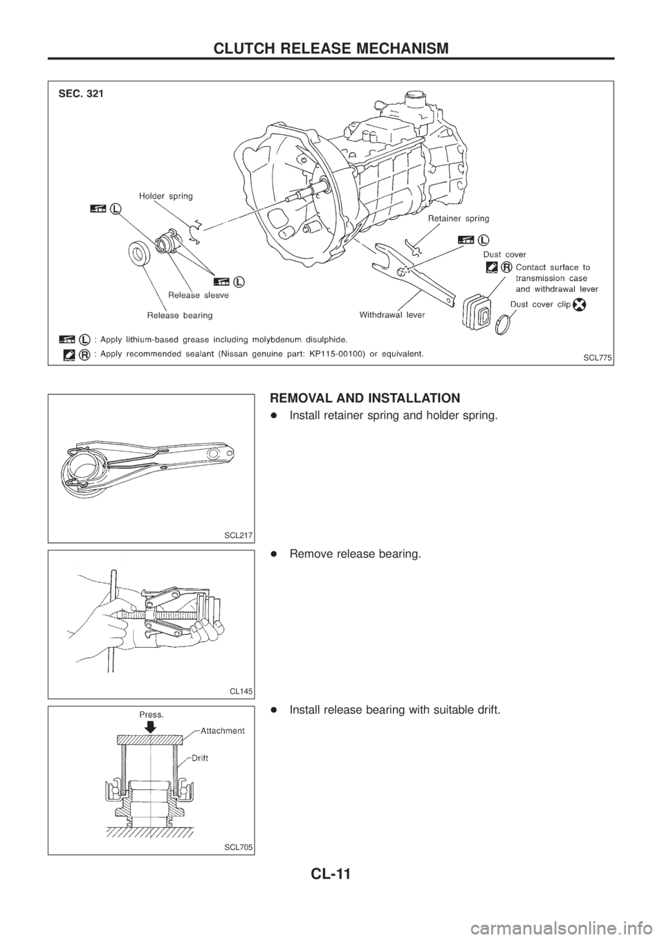 NISSAN PATROL 2006 Service Manual REMOVAL AND INSTALLATION
+Install retainer spring and holder spring.
+Remove release bearing.
+Install release bearing with suitable drift.
SCL775
SCL217
CL145
SCL705
CLUTCH RELEASE MECHANISM
CL-11 NISSAN PATROL 2006 Service Manual REMOVAL AND INSTALLATION
+Install retainer spring and holder spring.
+Remove release bearing.
+Install release bearing with suitable drift.
SCL775
SCL217
CL145
SCL705
CLUTCH RELEASE MECHANISM
CL-11