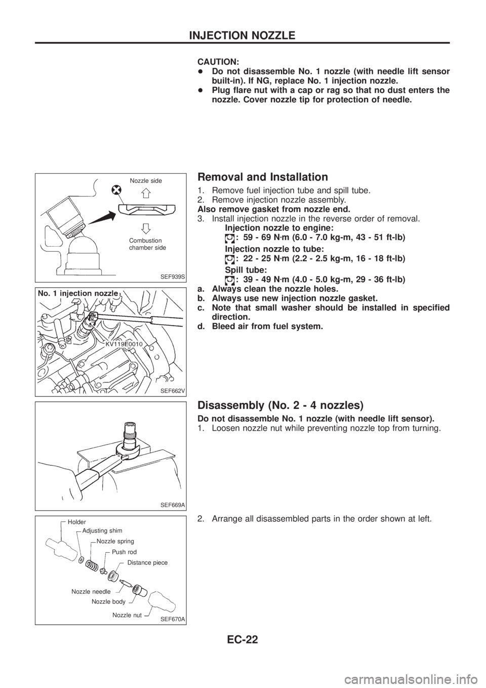 NISSAN PATROL 2006 Service Manual CAUTION:
+Do not disassemble No. 1 nozzle (with needle lift sensor
built-in). If NG, replace No. 1 injection nozzle.
+Plug ¯are nut with a cap or rag so that no dust enters the
nozzle. Cover nozzle t NISSAN PATROL 2006 Service Manual CAUTION:
+Do not disassemble No. 1 nozzle (with needle lift sensor
built-in). If NG, replace No. 1 injection nozzle.
+Plug ¯are nut with a cap or rag so that no dust enters the
nozzle. Cover nozzle t