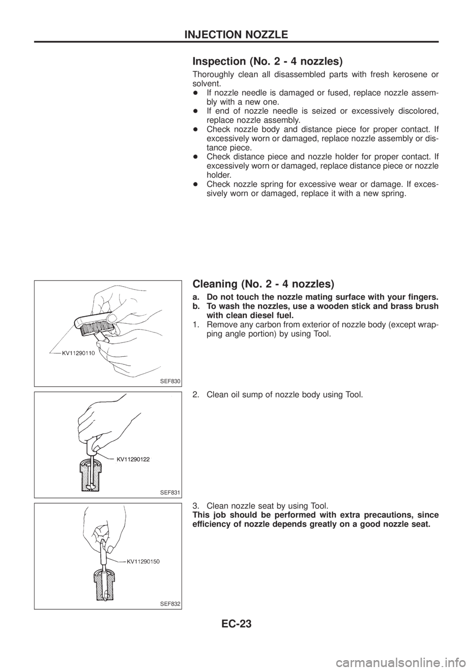 NISSAN PATROL 2006 Service Manual Inspection (No.2-4nozzles)
Thoroughly clean all disassembled parts with fresh kerosene or
solvent.
+If nozzle needle is damaged or fused, replace nozzle assem-
bly with a new one.
+If end of nozzle ne NISSAN PATROL 2006 Service Manual Inspection (No.2-4nozzles)
Thoroughly clean all disassembled parts with fresh kerosene or
solvent.
+If nozzle needle is damaged or fused, replace nozzle assem-
bly with a new one.
+If end of nozzle ne