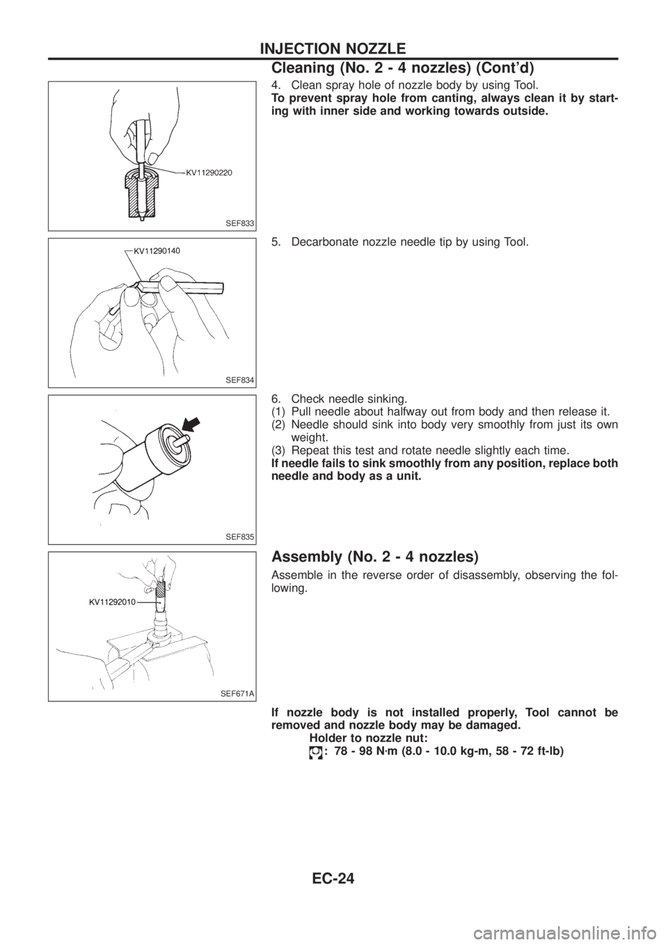 NISSAN PATROL 2006 Service Manual 4. Clean spray hole of nozzle body by using Tool.
To prevent spray hole from canting, always clean it by start-
ing with inner side and working towards outside.
5. Decarbonate nozzle needle tip by usi NISSAN PATROL 2006 Service Manual 4. Clean spray hole of nozzle body by using Tool.
To prevent spray hole from canting, always clean it by start-
ing with inner side and working towards outside.
5. Decarbonate nozzle needle tip by usi
