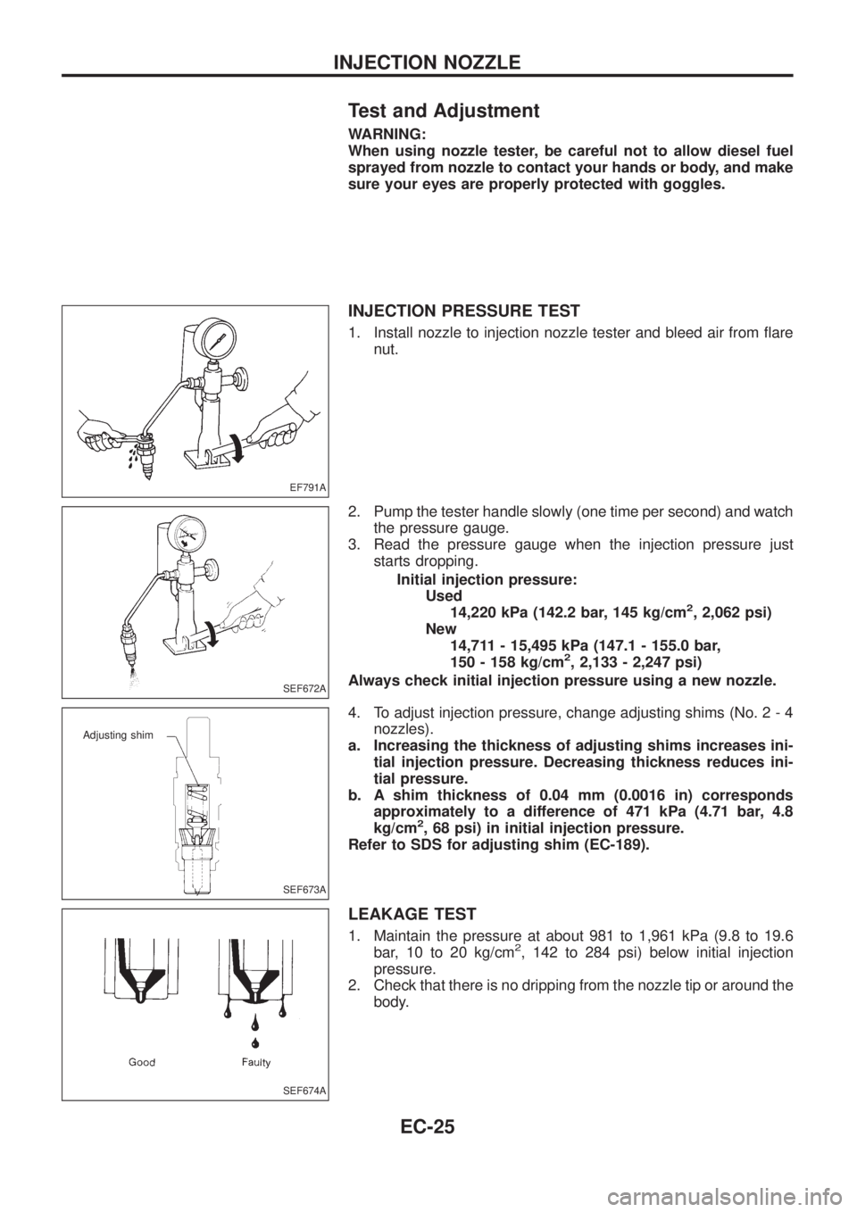 NISSAN PATROL 2006 Service Manual Test and Adjustment
WARNING:
When using nozzle tester, be careful not to allow diesel fuel
sprayed from nozzle to contact your hands or body, and make
sure your eyes are properly protected with goggle NISSAN PATROL 2006 Service Manual Test and Adjustment
WARNING:
When using nozzle tester, be careful not to allow diesel fuel
sprayed from nozzle to contact your hands or body, and make
sure your eyes are properly protected with goggle