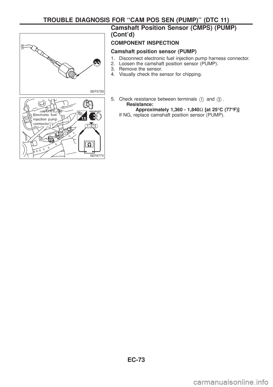 NISSAN PATROL 2006 Service Manual COMPONENT INSPECTION
Camshaft position sensor (PUMP)
1. Disconnect electronic fuel injection pump harness connector.
2. Loosen the camshaft position sensor (PUMP).
3. Remove the sensor.
4. Visually ch NISSAN PATROL 2006 Service Manual COMPONENT INSPECTION
Camshaft position sensor (PUMP)
1. Disconnect electronic fuel injection pump harness connector.
2. Loosen the camshaft position sensor (PUMP).
3. Remove the sensor.
4. Visually ch