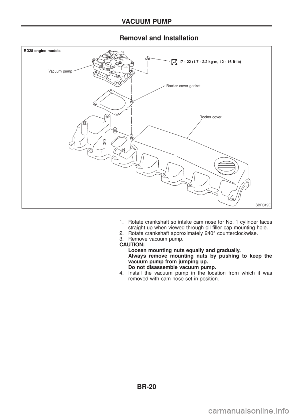 NISSAN PATROL 2006 Owners Manual Removal and Installation
1. Rotate crankshaft so intake cam nose for No. 1 cylinder facesstraight up when viewed through oil ®ller cap mounting hole.
2. Rotate crankshaft approximately 240É counterc