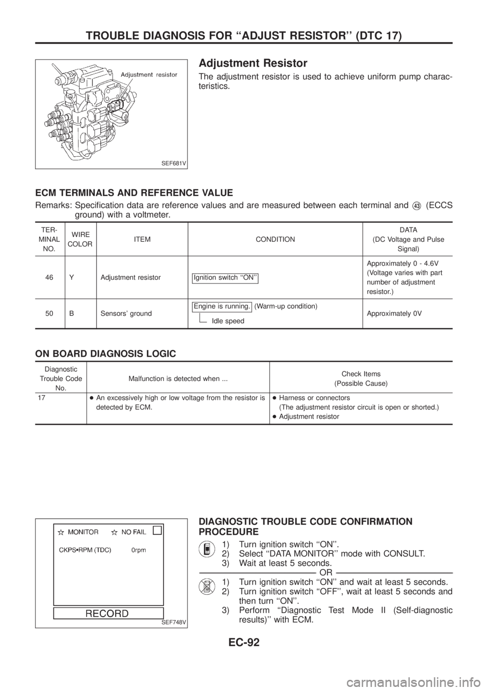 NISSAN PATROL 2006 Service Manual Adjustment Resistor
The adjustment resistor is used to achieve uniform pump charac-
teristics.
ECM TERMINALS AND REFERENCE VALUE
Remarks: Speci®cation data are reference values and are measured betwe NISSAN PATROL 2006 Service Manual Adjustment Resistor
The adjustment resistor is used to achieve uniform pump charac-
teristics.
ECM TERMINALS AND REFERENCE VALUE
Remarks: Speci®cation data are reference values and are measured betwe