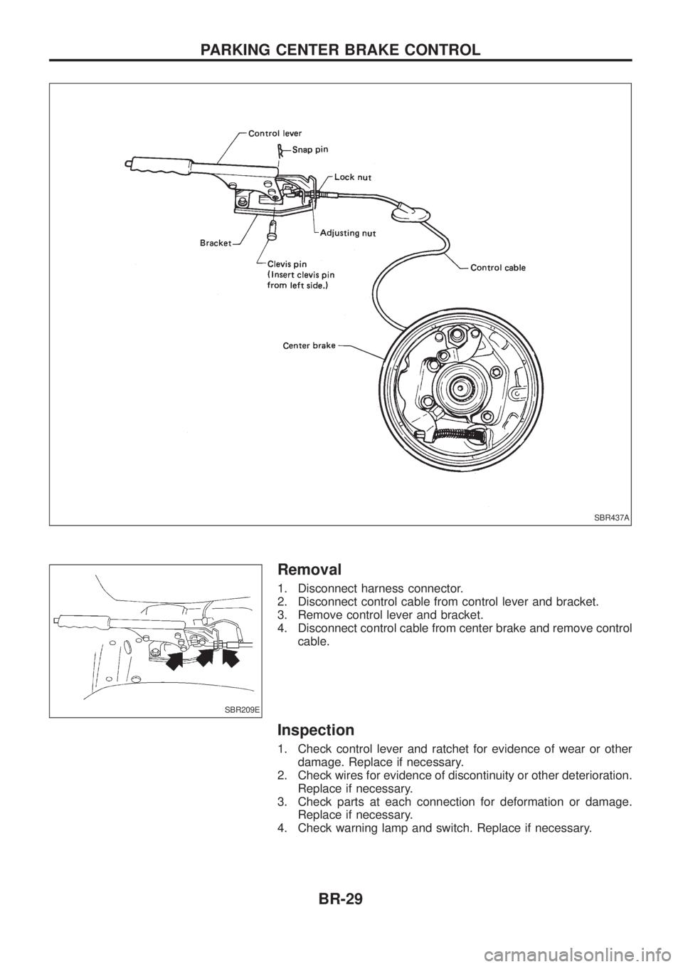 NISSAN PATROL 2006 Owners Guide Removal
1. Disconnect harness connector.
2. Disconnect control cable from control lever and bracket.
3. Remove control lever and bracket.
4. Disconnect control cable from center brake and remove contr