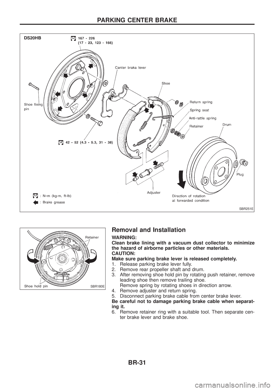 NISSAN PATROL 2006 Owners Guide Removal and Installation
WARNING:
Clean brake lining with a vacuum dust collector to minimize
the hazard of airborne particles or other materials.
CAUTION:
Make sure parking brake lever is released co