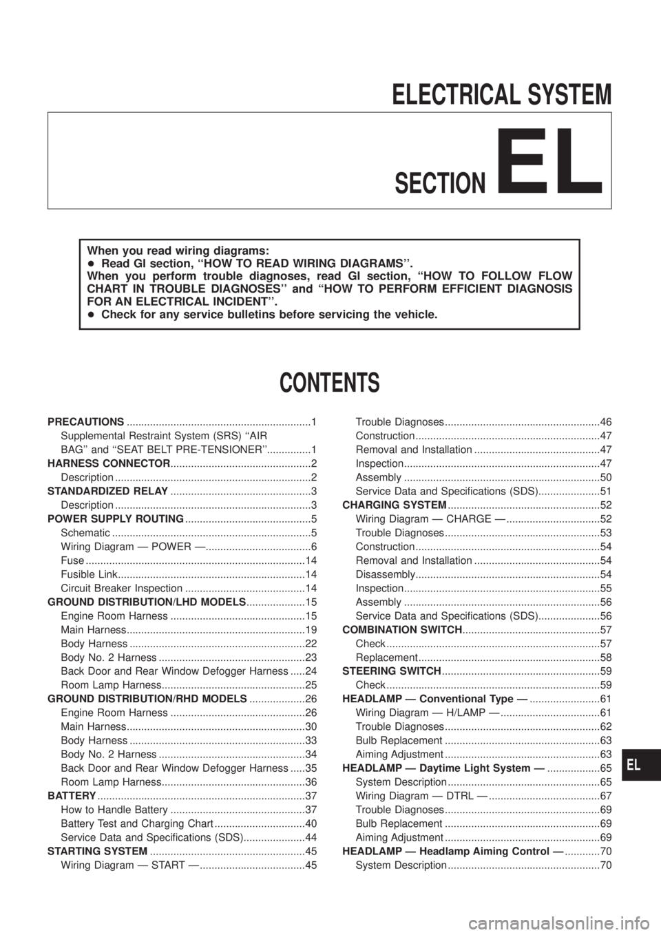 NISSAN PATROL 2006 User Guide ELECTRICAL SYSTEM
SECTION
EL
When you read wiring diagrams:
+Read GI section, ``HOW TO READ WIRING DIAGRAMS.
When you perform trouble diagnoses, read GI section, ``HOW TO FOLLOW FLOW
CHART IN TROUBL