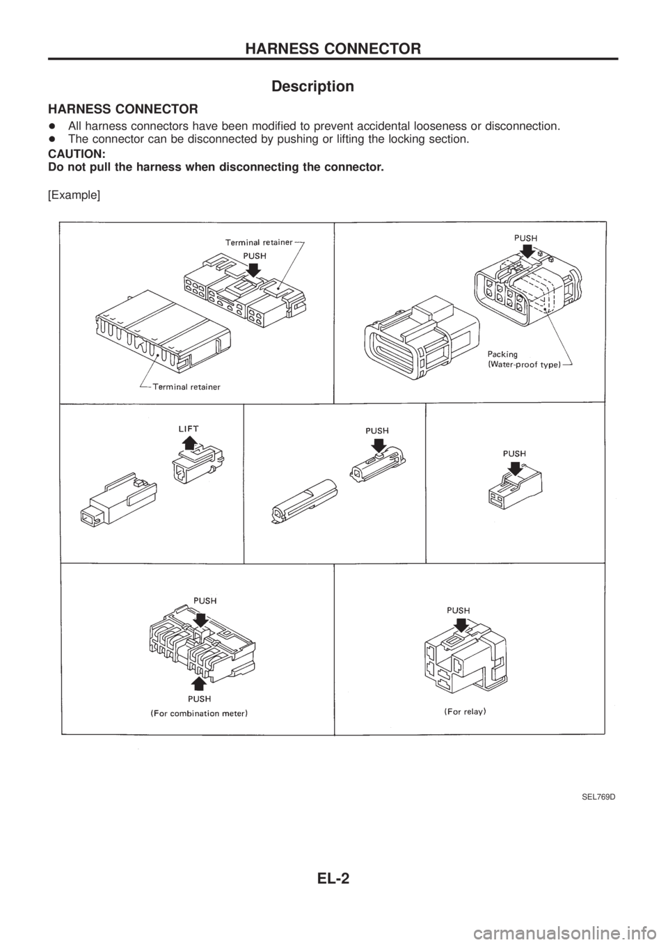 NISSAN PATROL 2006  Service Manual Description
HARNESS CONNECTOR
+All harness connectors have been modi®ed to prevent accidental looseness or disconnection.
+The connector can be disconnected by pushing or lifting the locking section.