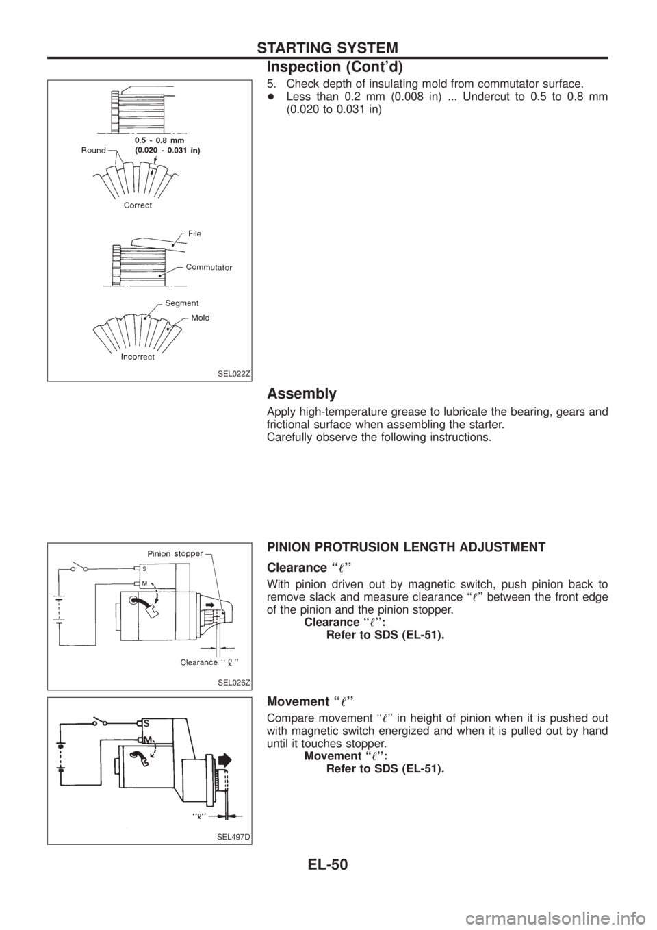 NISSAN PATROL 2006  Service Manual 5. Check depth of insulating mold from commutator surface.
+Less than 0.2 mm (0.008 in) ... Undercut to 0.5 to 0.8 mm
(0.020 to 0.031 in)
Assembly
Apply high-temperature grease to lubricate the bearin