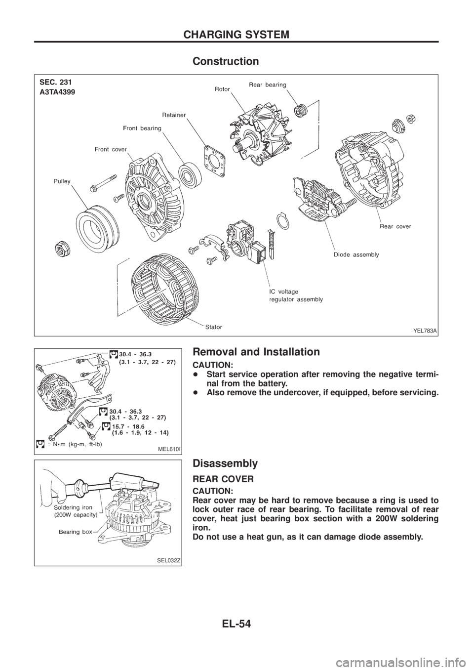 NISSAN PATROL 2006  Service Manual Construction
Removal and Installation
CAUTION:
+Start service operation after removing the negative termi-
nal from the battery.
+Also remove the undercover, if equipped, before servicing.
Disassembly