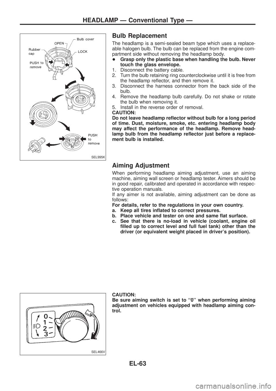 NISSAN PATROL 2006  Service Manual Bulb Replacement
The headlamp is a semi-sealed beam type which uses a replace-
able halogen bulb. The bulb can be replaced from the engine com-
partment side without removing the headlamp body.
+Grasp