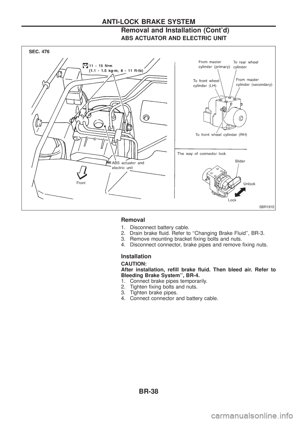 NISSAN PATROL 2006 User Guide ABS ACTUATOR AND ELECTRIC UNIT
Removal
1. Disconnect battery cable.
2. Drain brake ¯uid. Refer to ``Changing Brake Fluid, BR-3.
3. Remove mounting bracket ®xing bolts and nuts.
4. Disconnect conne