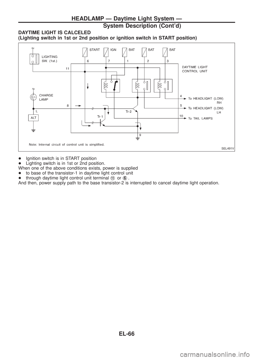 NISSAN PATROL 2006  Service Manual DAYTIME LIGHT IS CALCELED
(Lighting switch in 1st or 2nd position or ignition switch in START position)
+Ignition switch is in START position
+Lighting switch is in 1st or 2nd position.
When one of th