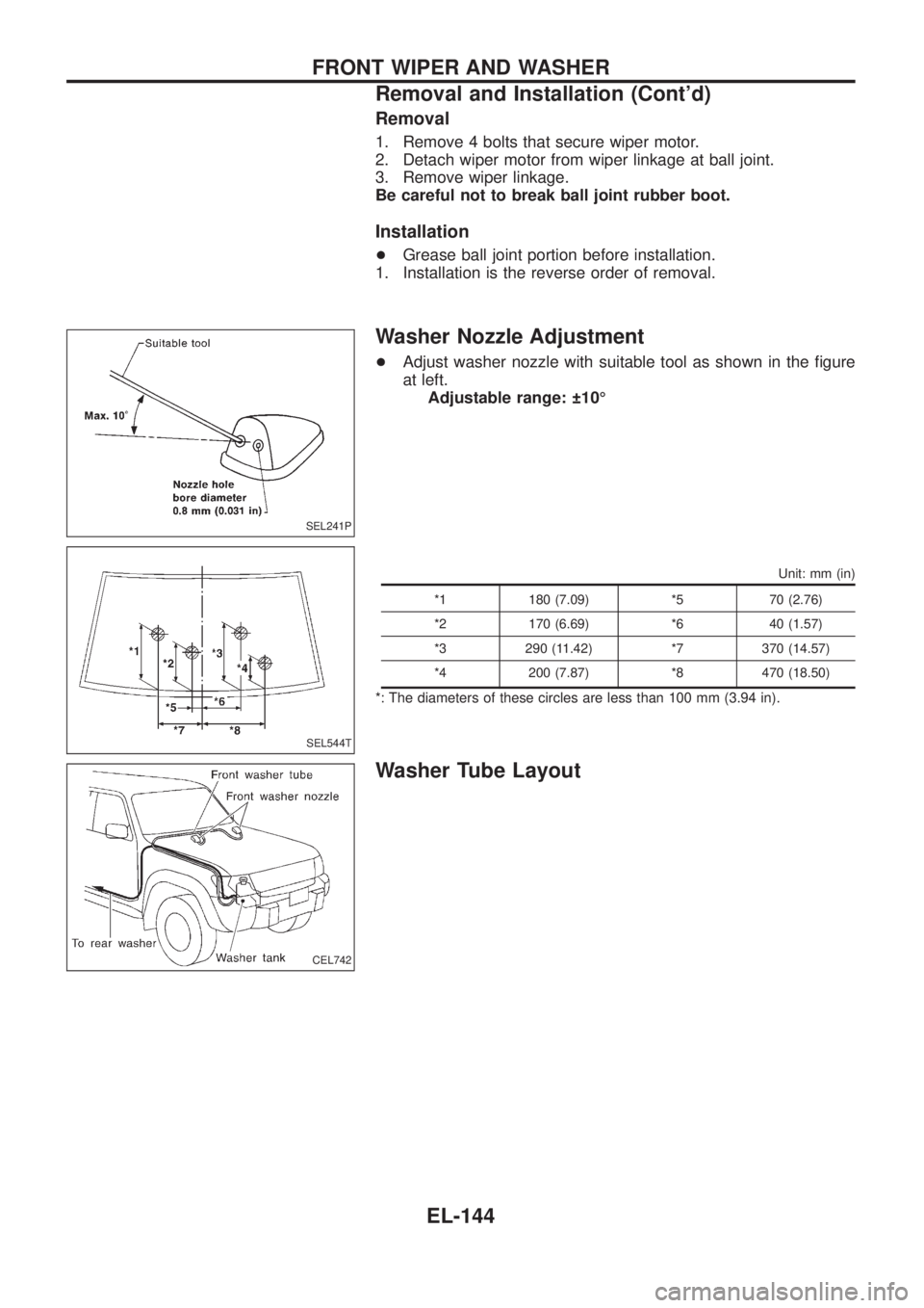 NISSAN PATROL 2006 Service Manual Removal
1. Remove 4 bolts that secure wiper motor.
2. Detach wiper motor from wiper linkage at ball joint.
3. Remove wiper linkage.
Be careful not to break ball joint rubber boot.
Installation
+Grease NISSAN PATROL 2006 Service Manual Removal
1. Remove 4 bolts that secure wiper motor.
2. Detach wiper motor from wiper linkage at ball joint.
3. Remove wiper linkage.
Be careful not to break ball joint rubber boot.
Installation
+Grease