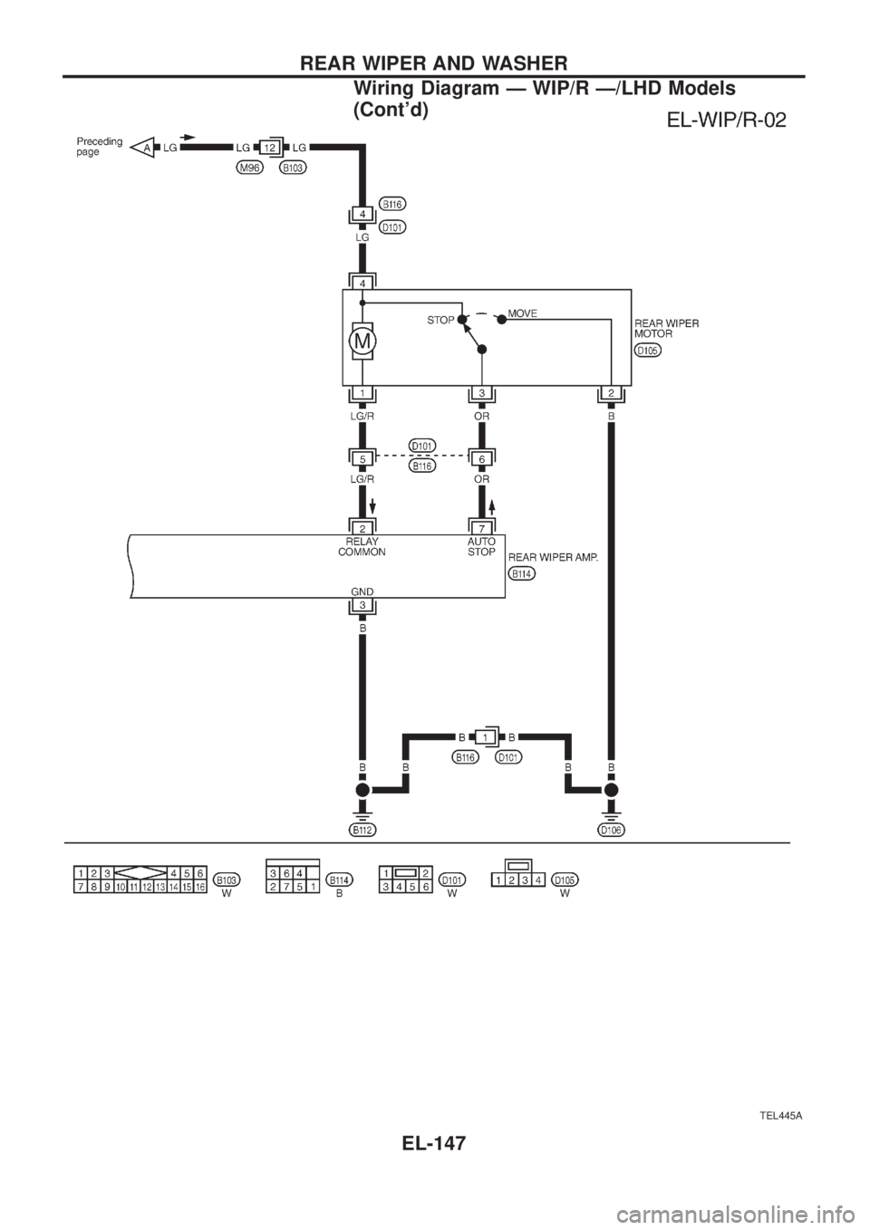 NISSAN PATROL 2006  Service Manual TEL445A
REAR WIPER AND WASHER
Wiring Diagram Ð WIP/R Ð/LHD Models
(Contd)
EL-147 