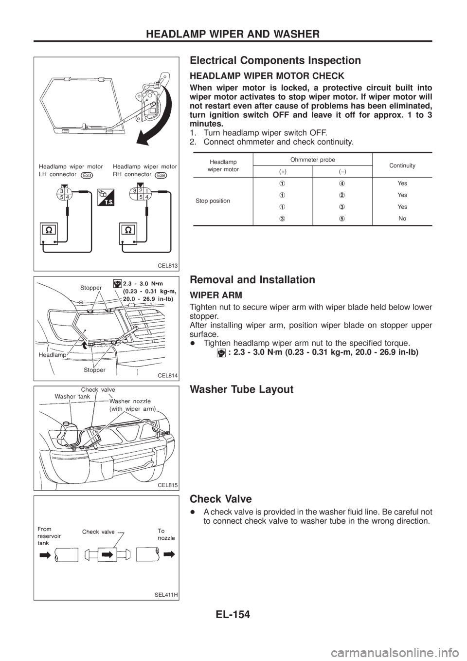 NISSAN PATROL 2006 Service Manual Electrical Components Inspection
HEADLAMP WIPER MOTOR CHECK
When wiper motor is locked, a protective circuit built into
wiper motor activates to stop wiper motor. If wiper motor will
not restart even NISSAN PATROL 2006 Service Manual Electrical Components Inspection
HEADLAMP WIPER MOTOR CHECK
When wiper motor is locked, a protective circuit built into
wiper motor activates to stop wiper motor. If wiper motor will
not restart even