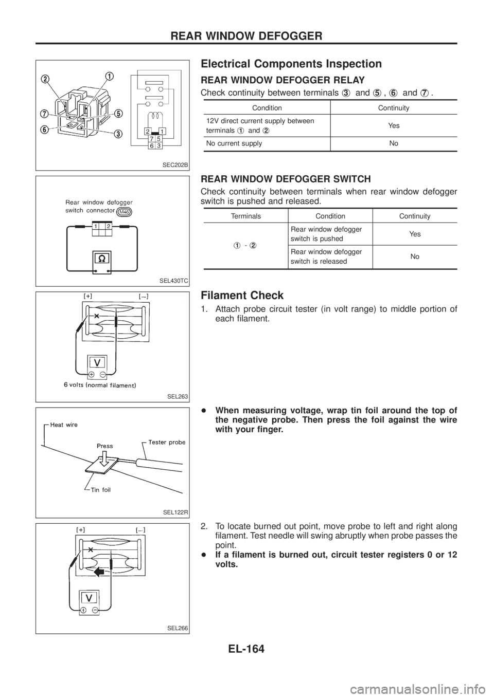 NISSAN PATROL 2006  Service Manual Electrical Components Inspection
REAR WINDOW DEFOGGER RELAY
Check continuity between terminalsj3andj5,j6andj7.
Condition Continuity
12V direct current supply between
terminalsj
1andj2Ye s
No current s