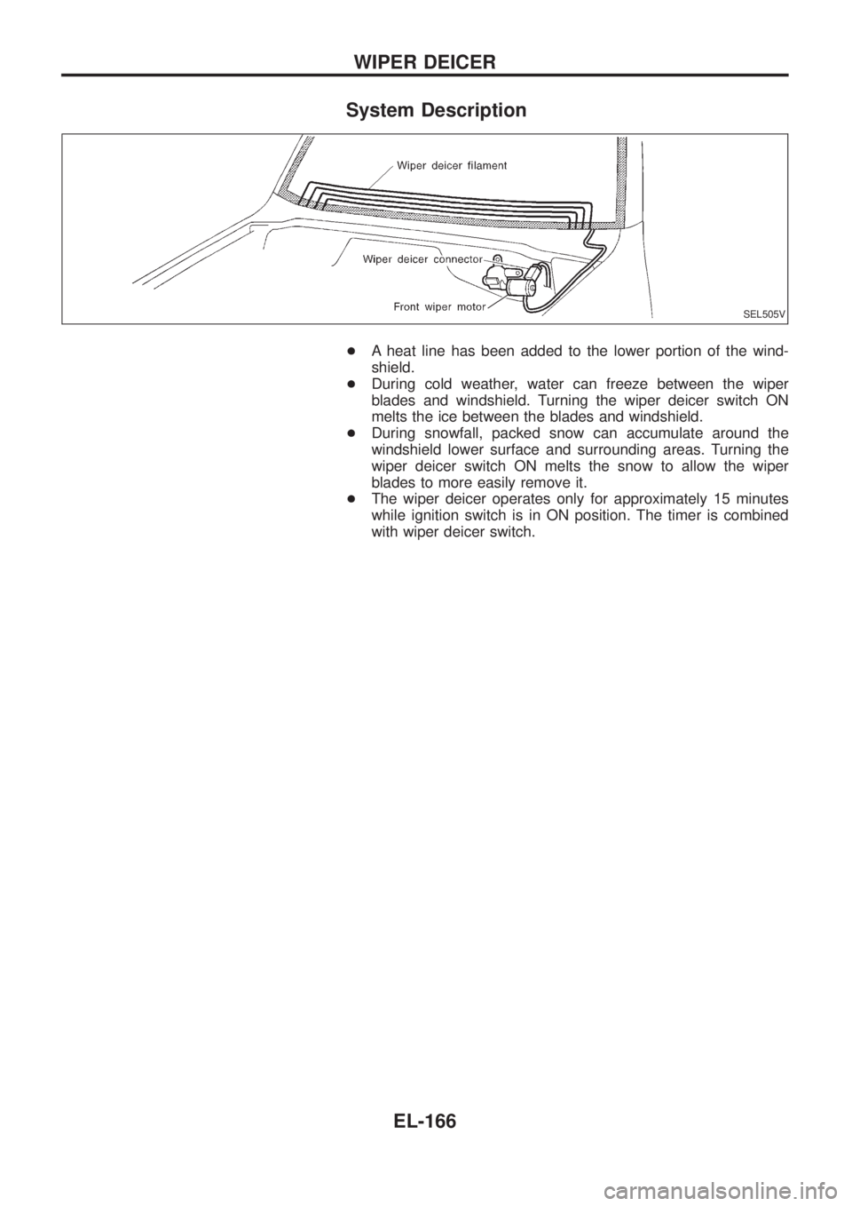 NISSAN PATROL 2006 Service Manual System Description
+A heat line has been added to the lower portion of the wind-
shield.
+During cold weather, water can freeze between the wiper
blades and windshield. Turning the wiper deicer switch NISSAN PATROL 2006 Service Manual System Description
+A heat line has been added to the lower portion of the wind-
shield.
+During cold weather, water can freeze between the wiper
blades and windshield. Turning the wiper deicer switch
