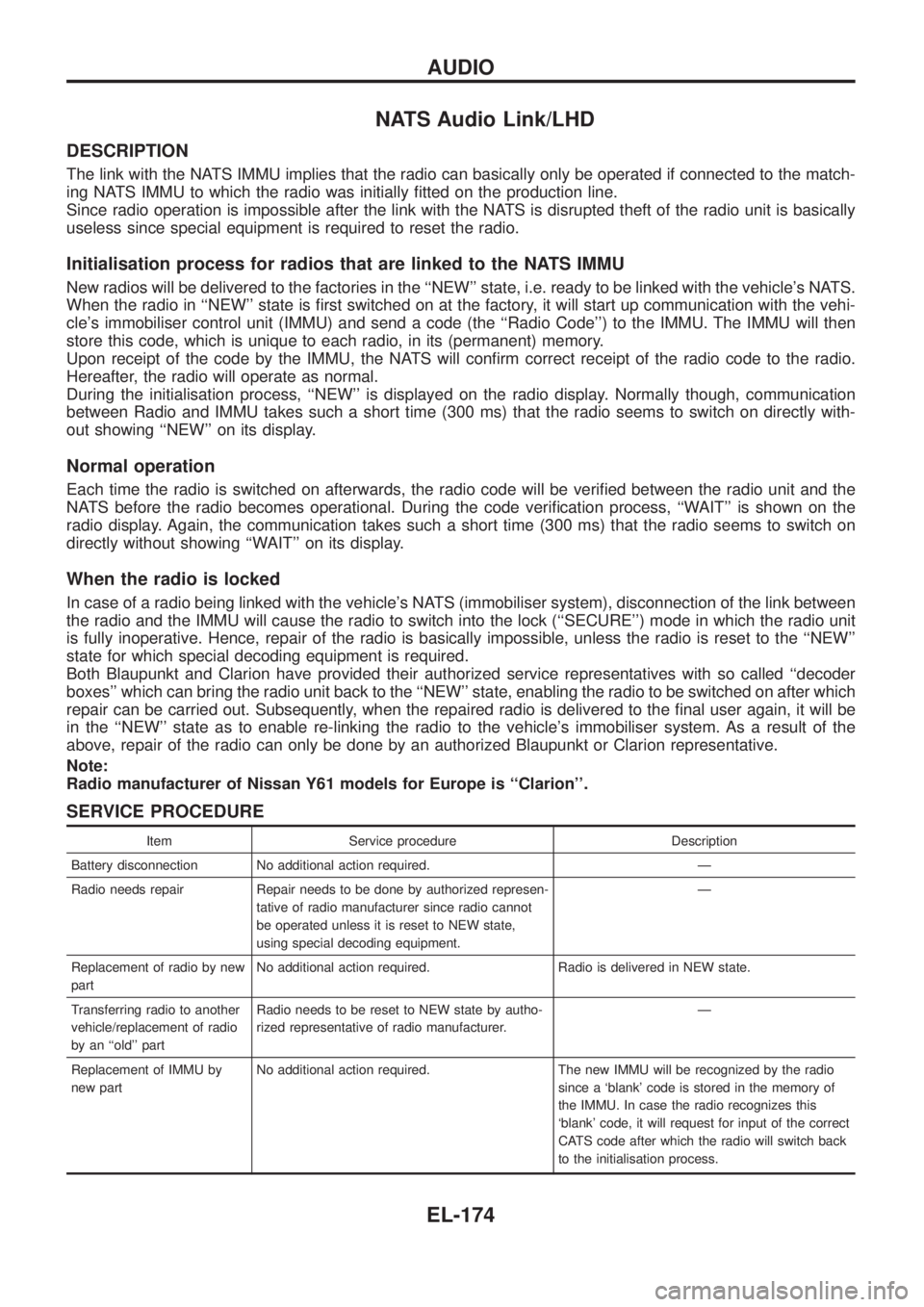 NISSAN PATROL 2006 Service Manual NATS Audio Link/LHD
DESCRIPTION
The link with the NATS IMMU implies that the radio can basically only be operated if connected to the match-
ing NATS IMMU to which the radio was initially ®tted on th NISSAN PATROL 2006 Service Manual NATS Audio Link/LHD
DESCRIPTION
The link with the NATS IMMU implies that the radio can basically only be operated if connected to the match-
ing NATS IMMU to which the radio was initially ®tted on th