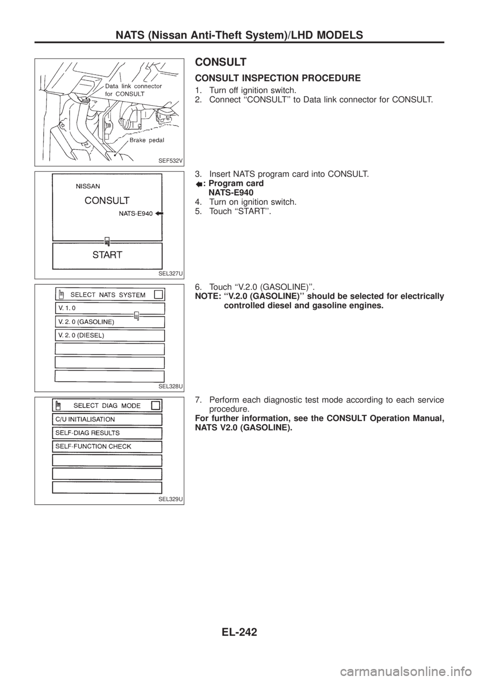 NISSAN PATROL 2006 Service Manual CONSULT
CONSULT INSPECTION PROCEDURE
1. Turn off ignition switch.
2. Connect ``CONSULT to Data link connector for CONSULT.
3. Insert NATS program card into CONSULT.
: Program card
NATS-E940
4. Turn NISSAN PATROL 2006 Service Manual CONSULT
CONSULT INSPECTION PROCEDURE
1. Turn off ignition switch.
2. Connect ``CONSULT to Data link connector for CONSULT.
3. Insert NATS program card into CONSULT.
: Program card
NATS-E940
4. Turn