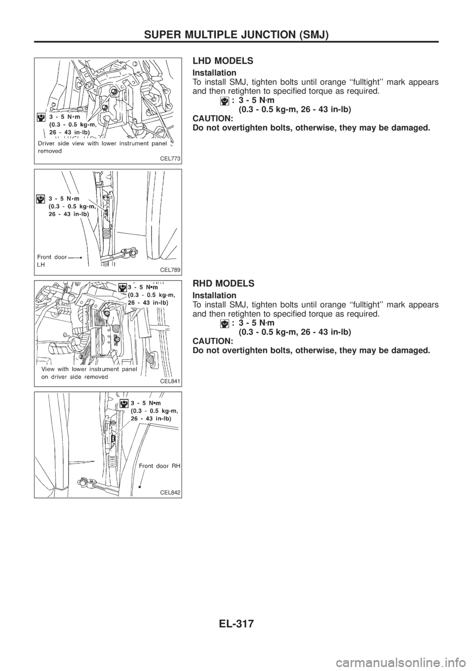NISSAN PATROL 2006  Service Manual LHD MODELS
Installation
To install SMJ, tighten bolts until orange ``fulltight mark appears
and then retighten to speci®ed torque as required.
: 3-5Nzm
(0.3 - 0.5 kg-m, 26 - 43 in-lb)
CAUTION:
Do n