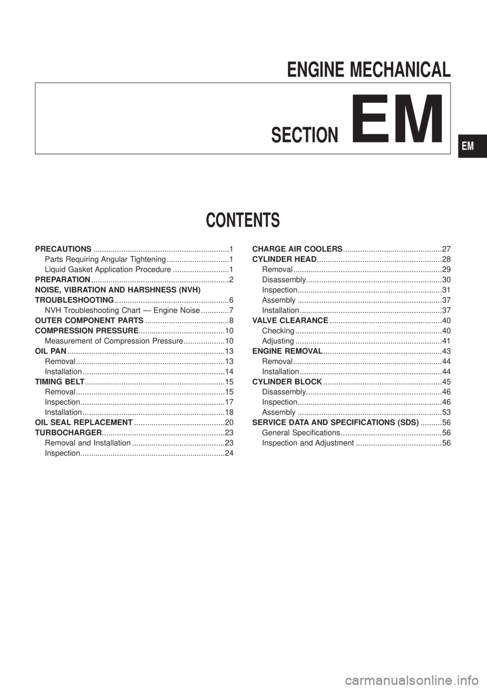 NISSAN PATROL 2006  Service Manual ENGINE MECHANICAL
SECTION
EM
CONTENTS
PRECAUTIONS...............................................................1
Parts Requiring Angular Tightening .............................1
Liquid Gasket Applic