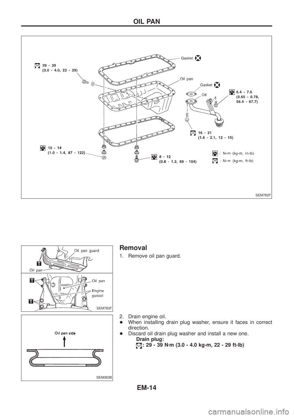 NISSAN PATROL 2006  Service Manual Removal
1. Remove oil pan guard.
2. Drain engine oil.
+When installing drain plug washer, ensure it faces in correct
direction.
+Discard oil drain plug washer and install a new one.
Drain plug:
:29-39